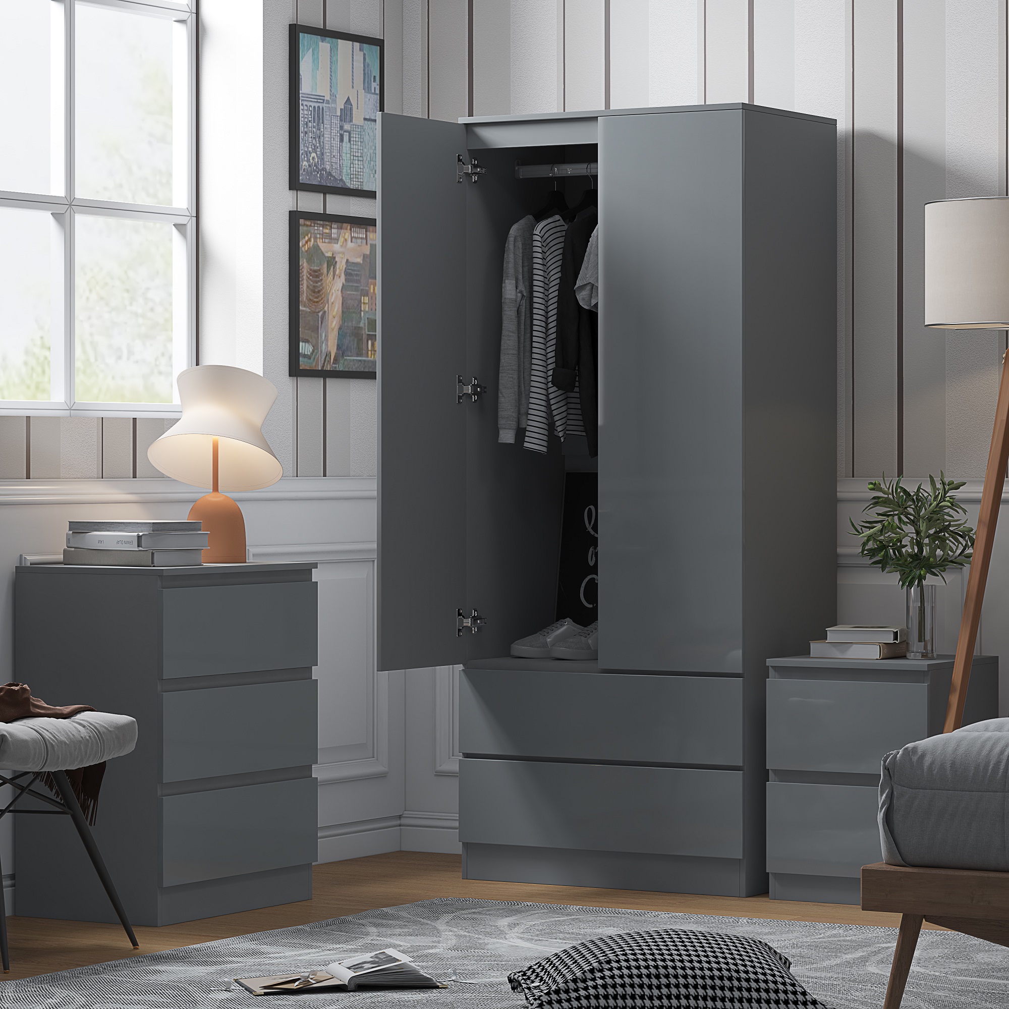 FWStyle Stora 2 Door 2 Drawer Combination Wardrobe – Grey Gloss Front - Image 4