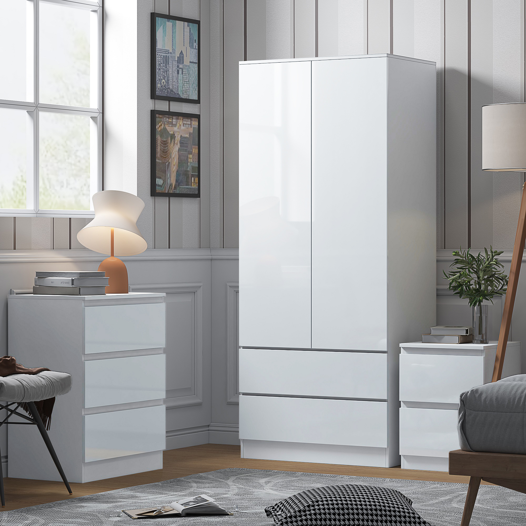 FWStyle Stora 2 Door 2 Drawer Combination Wardrobe – White Gloss Front - Image 4