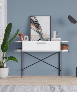 Otis 1 Drawer 2 Shelf Console Table – Matt White with Black Metal Frame